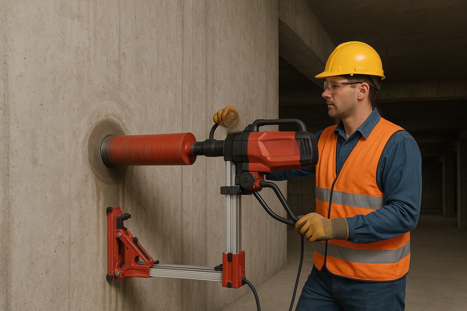 Diamond core drilling through a reinforced concrete wall