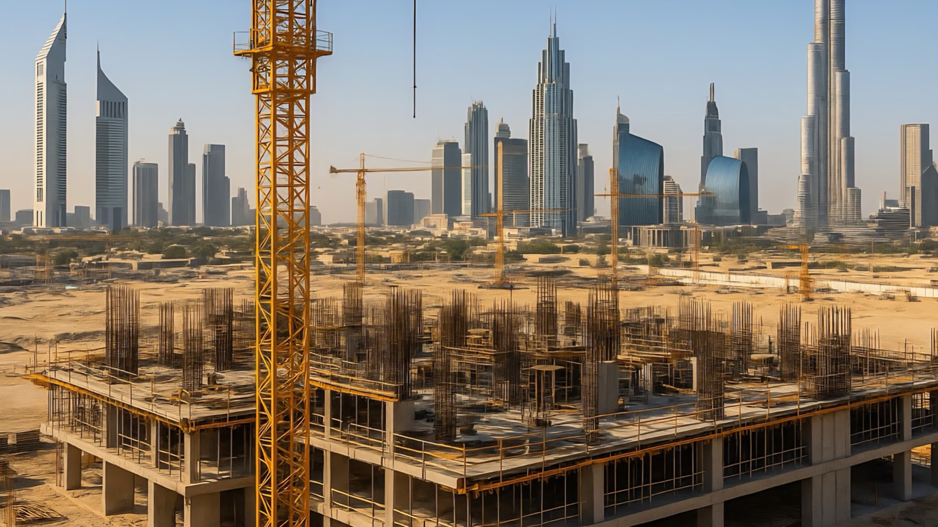 Construction site with tower cranes and the Dubai skyline